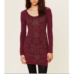 Free People Lady in Waiting Plum Wine‎ Embellished Long Sleeve Mini Dress S
